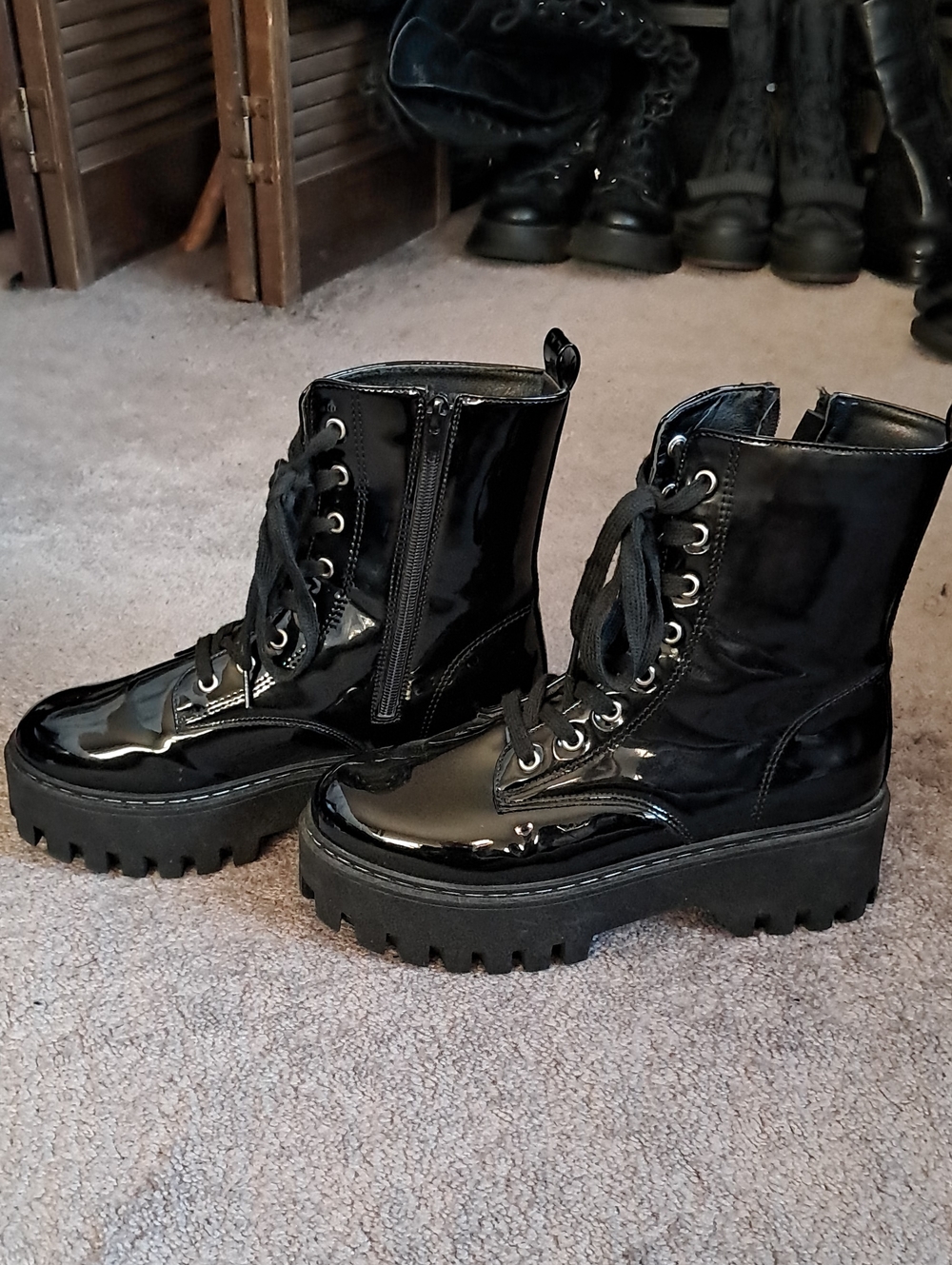 Platform Shiny Black Combat Boots - Picture 2 of 5